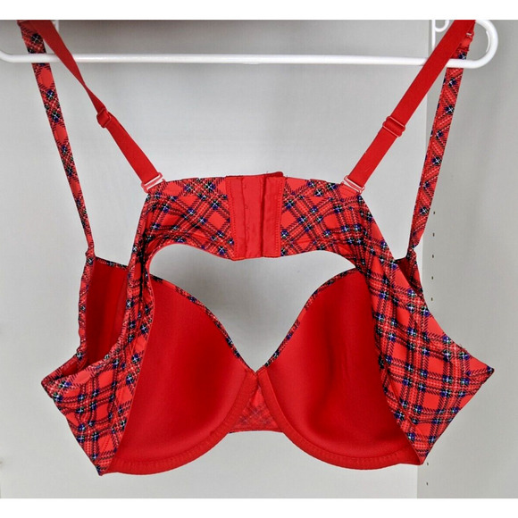 Lane Bryant Cacique Bra 44C Lightly Lined Plunge Red Blue Green Plaid - Picture 3 of 7